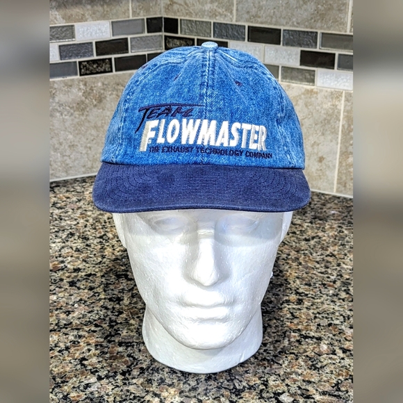 Vintage 90s Denim Team Flowmaster Fishing Boat Engine Company Hat Made in USA - Picture 1 of 9